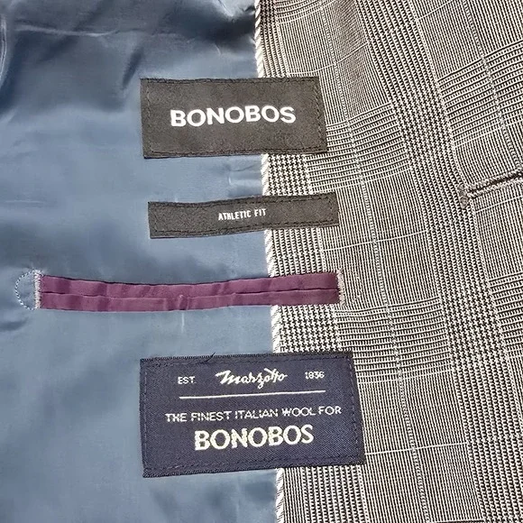 Bonobos Athletic Fit Sport Coat 38L Gray Blue Glen Plaid Blazer Marzotto Italian